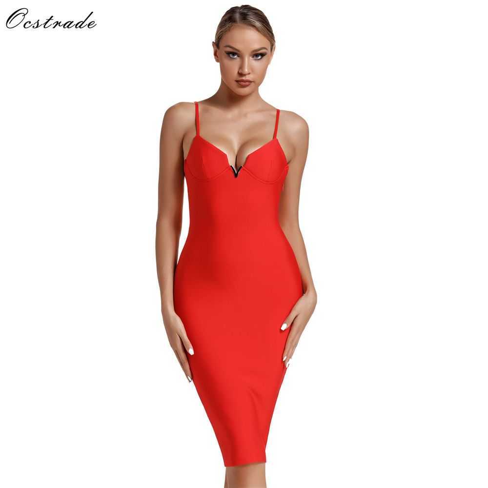 

Ocstrade Fashion Midi Bandage Dress Rayon Spaghetti Strap Sexy Deep v Neck Red Bodycon Night Club Party 210527, Blue