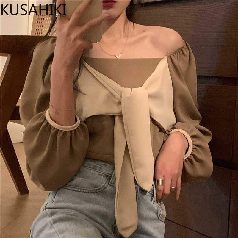 

KUSAHIKI Korena Square Collar Bow Tie Women Shirts Blouses Causal Puff Slong Sleeve Tops Spring Sweet Blusas 6G220 210602, Khaki