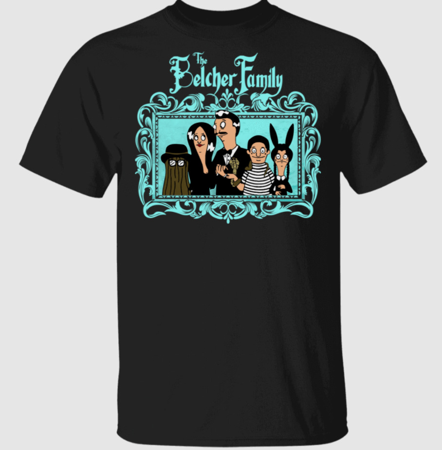 

R1 The Belcher Family Bob's Burgers Bob Addams Family Gothic Black T-shirt, White;black