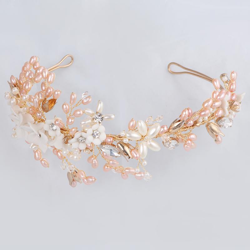 

Hair Clips & Barrettes Porcelain Flower Wedding Tiara Handmade Pearls Headpiece Crown Luxury Women Headband Jewelry For Brides, Golden;silver
