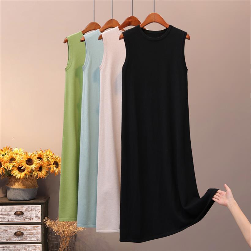 

Autumn Winter Sleeveless Sweater Vest Womens Dresses Long Knit Straight Maxi O Neck Flat Midi Pullover, Black;gray