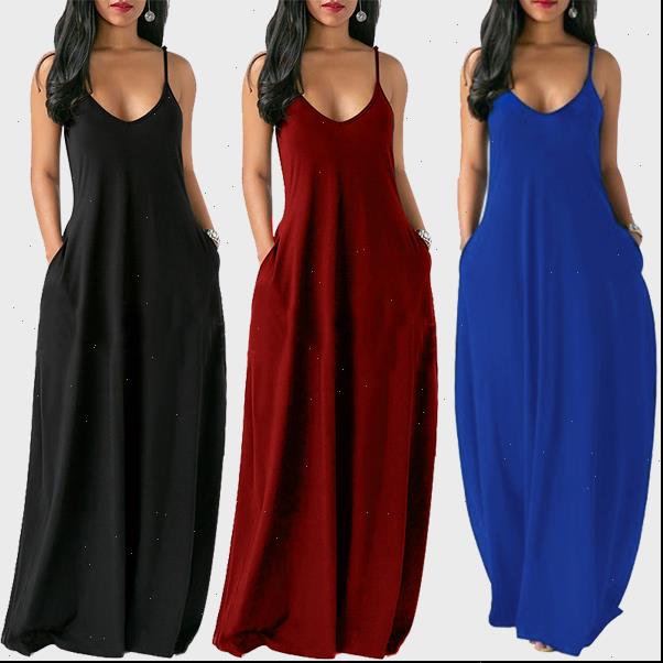 

women dress summer long spaghetti straps pockets maxi casual loose solid female beach dresses plus size, Black;gray