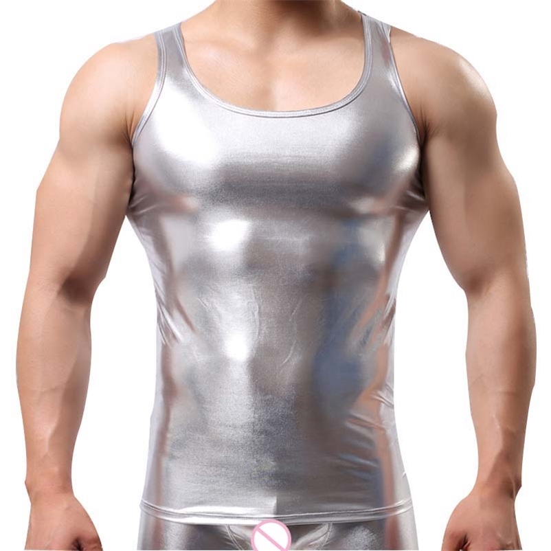 

Fashion Brand Star Faux Leather Men Sexy Fitness Tank Top/Sleeveless Mens Bodybuilding Stringers Vest 210623, Silver