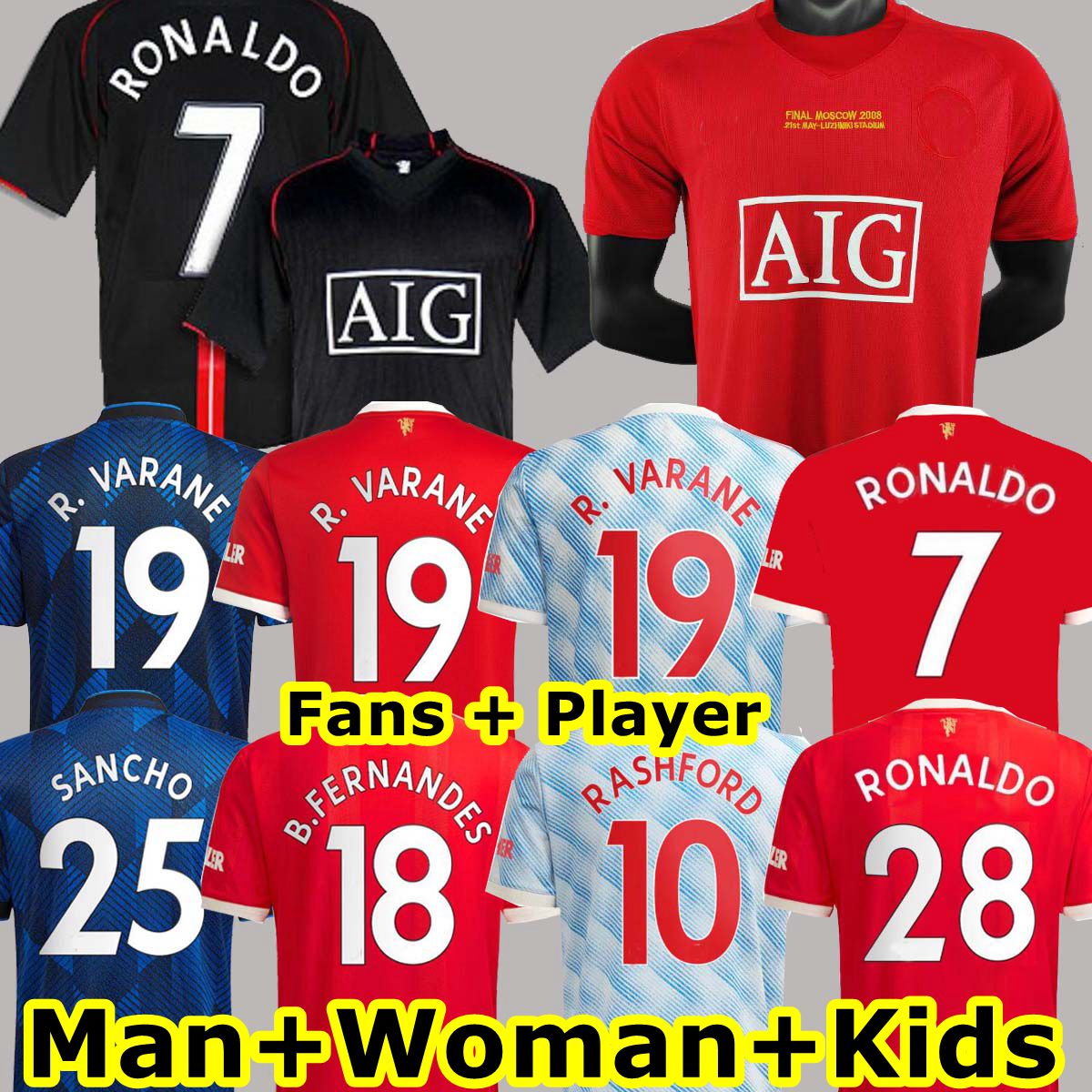 

RONALDO 21 22 SANCHO Manchester MAN Retro soccer jersey UNITED UTD Fans Player R.VARANE BRUNO FERNANDES LINGARD POGBA RASHFORD football shirt 2021 2022 men kids kit, 21-22 home man+patch league fonts