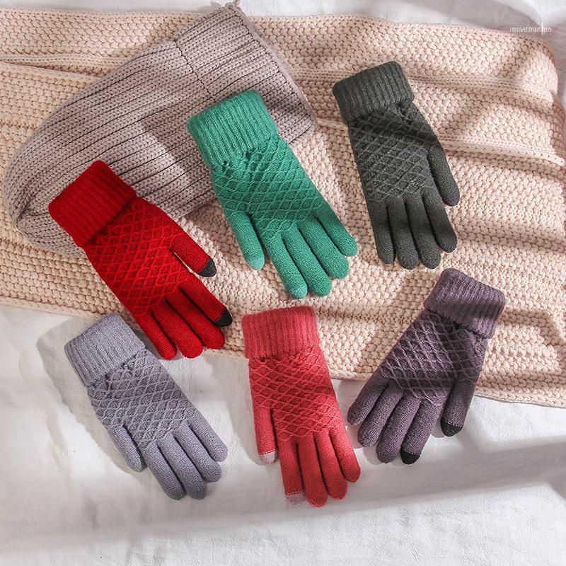 

Winter Thermal Gloves Screen Unisex White Black Muti Color Knit Twist Wool Man Women Keep Warm Mittens With Full1