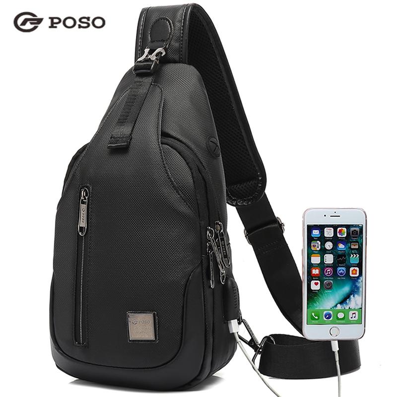 

Waist Bags POSO Men Professional Sling Chest Backpacks USB Crossbody Shoulder Triangle Packs Bag