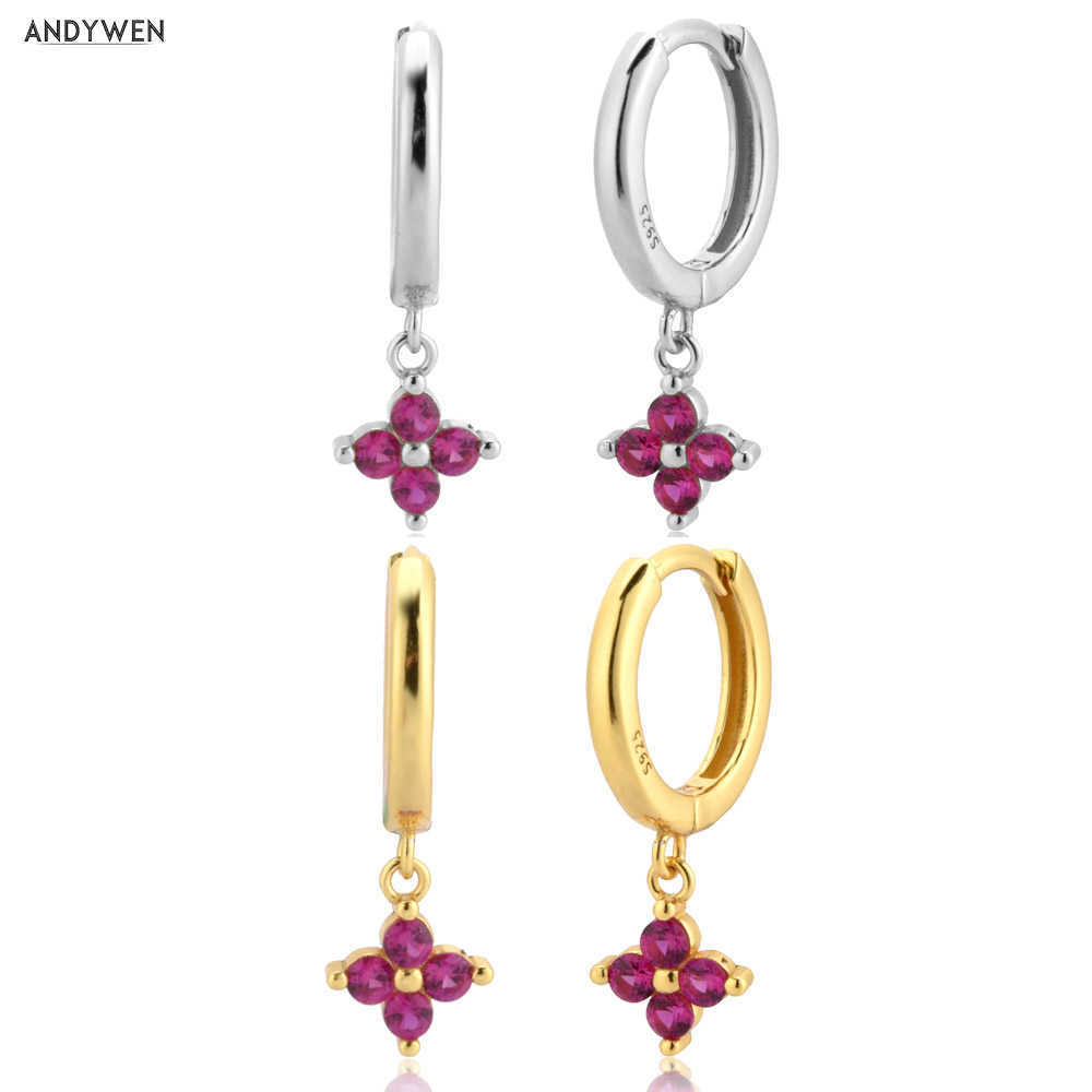 

ANDYWEN 925 Sterling Silver Rose Red Four Crystal Pendent Charm Circle Pendiente Drop Earring Piercing CZ Zircon Fashion Jewelry 210608
