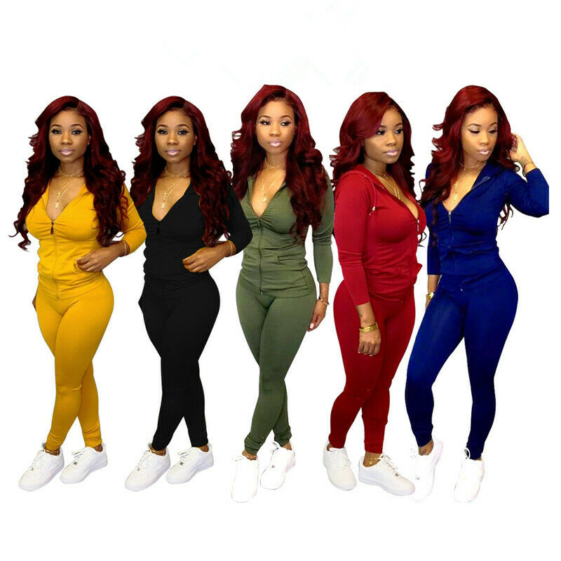 

Women Ladies Sporty Long Sleeve Hooded Zipper Drawstring Jumpsuit Two-piece Tracksuit, Yellow