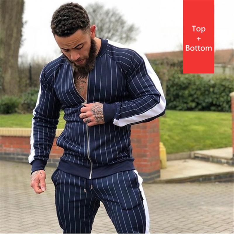 

Men's Tracksuits Jackets And Pants Set Zipper Opening Coat Waist Ribbon Trousers Stripped Color Splicing Style Fitness Workout Wear, Black