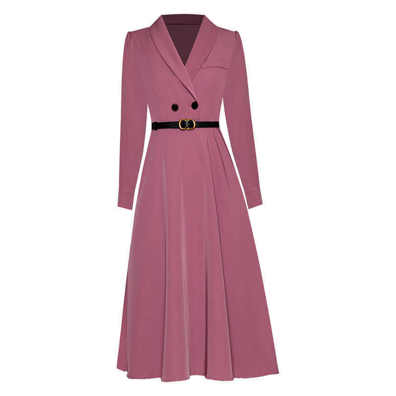 

HIGH QUALITY est Fashion Runway Dress Women's Elegant Turn-down Collar Long Sleeve Notched 210526, Coral red