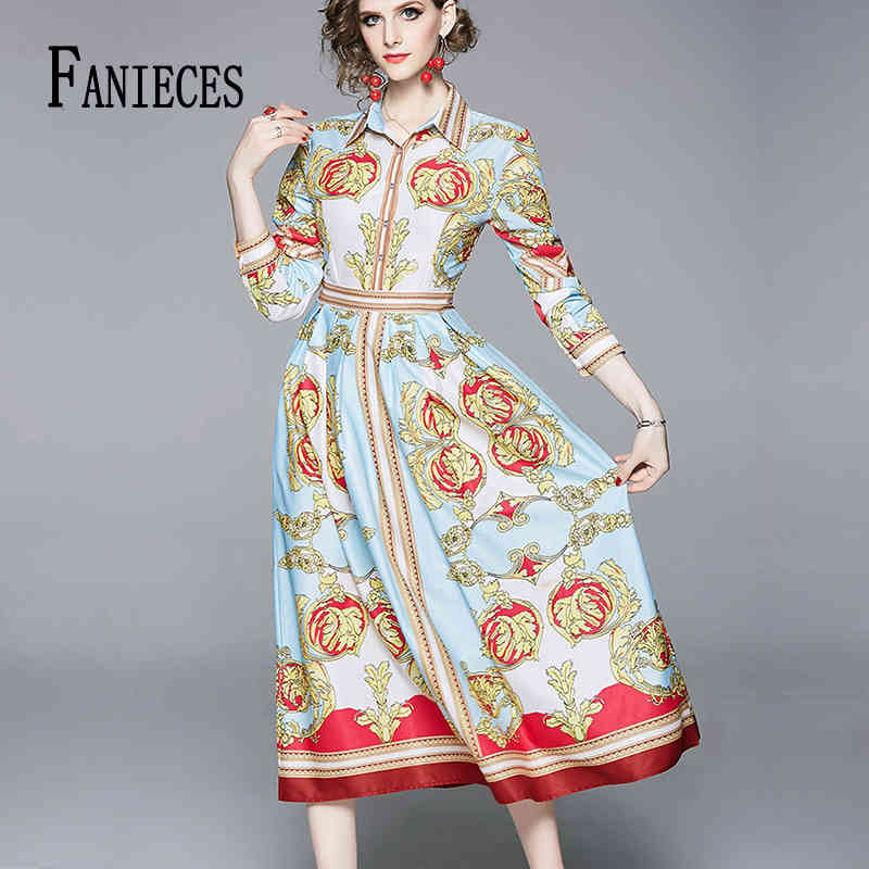 

Spring Fall Flower Print Collar Elegant Dress Women Fashion Long Dresses Runway Sleeve Big Swing Maxi Vestidos Robe Femme 210520, Sky blue