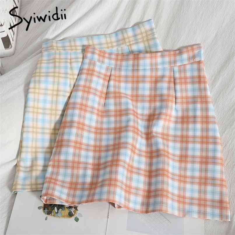 

High Waist Yellow Plaid Mini Skirts Women Back Zipper A-Line Casual Summer Clothes Korean Fashion Office Lady 210607, Orange pink