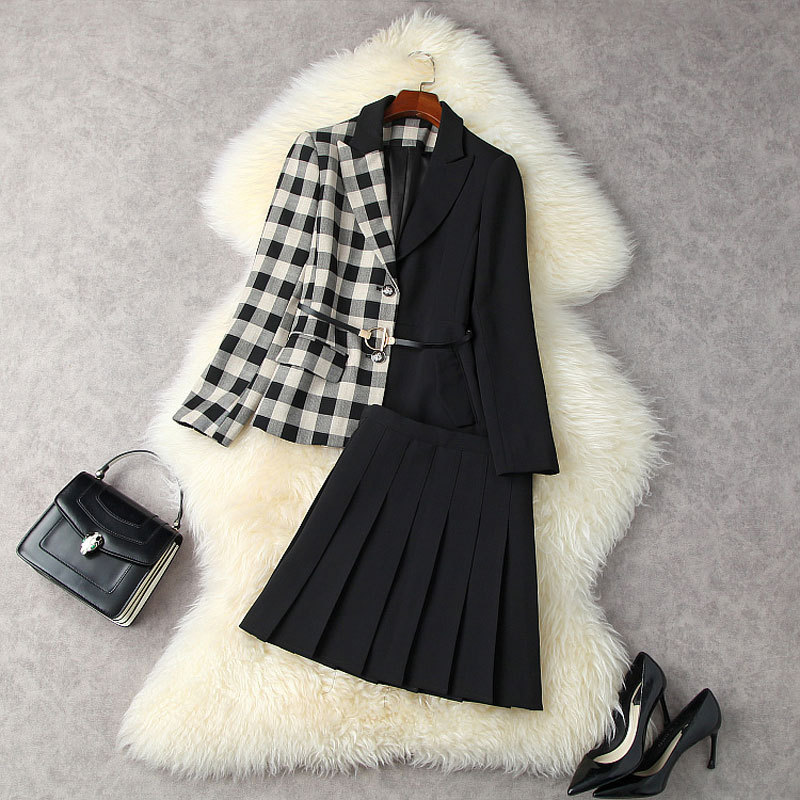 

2021 Fall Autumn Long Sleeve Notched-Lapel Plaid Embroidery Single-Breasted Blazers + Black High Waist Pleated Mini Short Skirt Two Piece Su, White