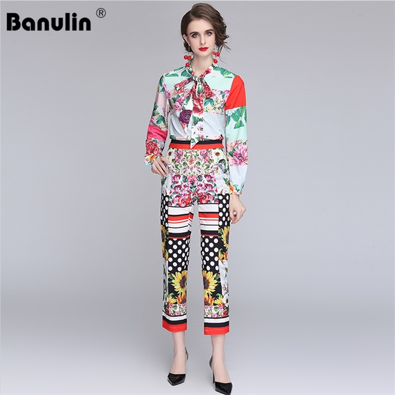 

Banulin Fashion Runway Summer Flower Print Suits Women's Vintage Blouse Tops and Slim Long Pants 2 Piece Set N66627 210603, Mixed color