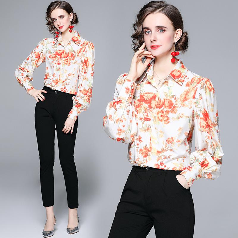 

Women's Blouses & Shirts Spring Summer Fall Runway Orange Butterfly Print Lantern Sleeve OL Womens Party Fashion Temperament Casual Top Blou, White