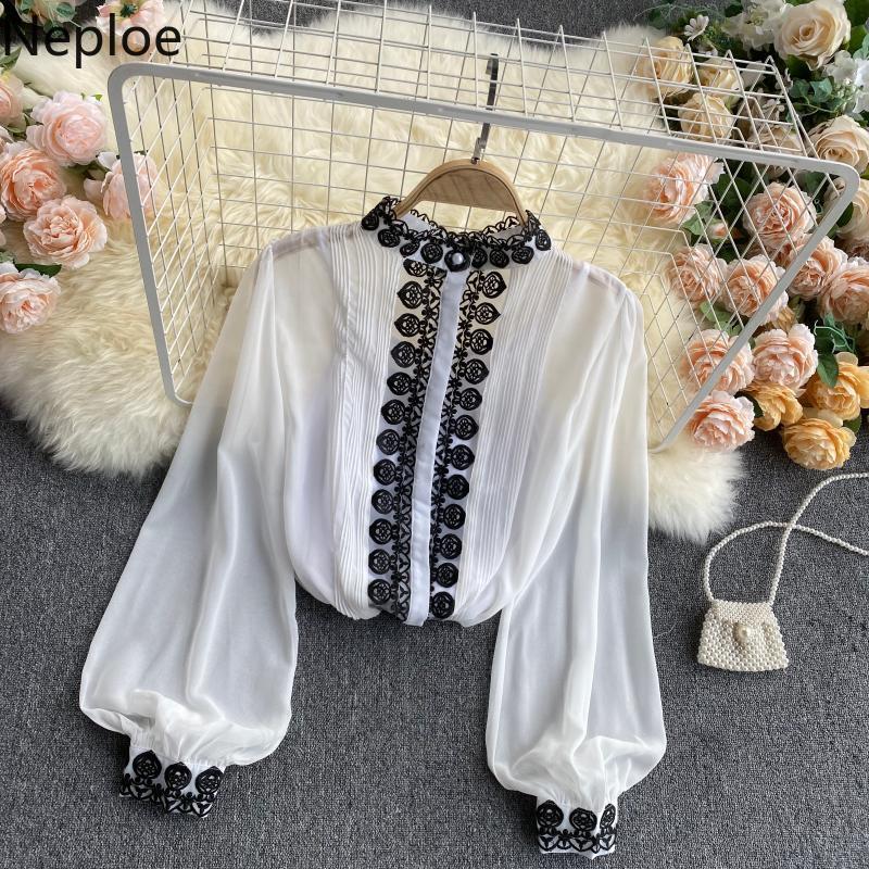 Neploe Blusas Mujer De Moda Vintage Heavy Embroidery Shirts Women's Slim Fit All-match Chiffon See Through Blouses Women 210422