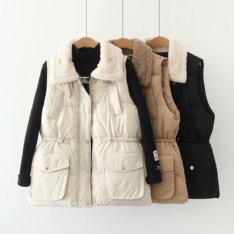 

Women's Vests 2022 Winter Vest For Women Waistcoat Female Solid Sleeveless Jacket Pocket Warm Cotton Feminino Autumn AE771, Beige