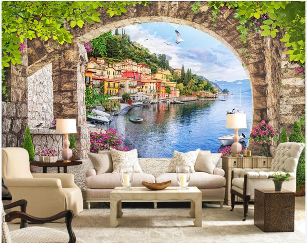 3d wallpaper on the wall custom photo mural European-style arches green leafy seaside architectural scenery home decor living room wallpaper for-image-705123541