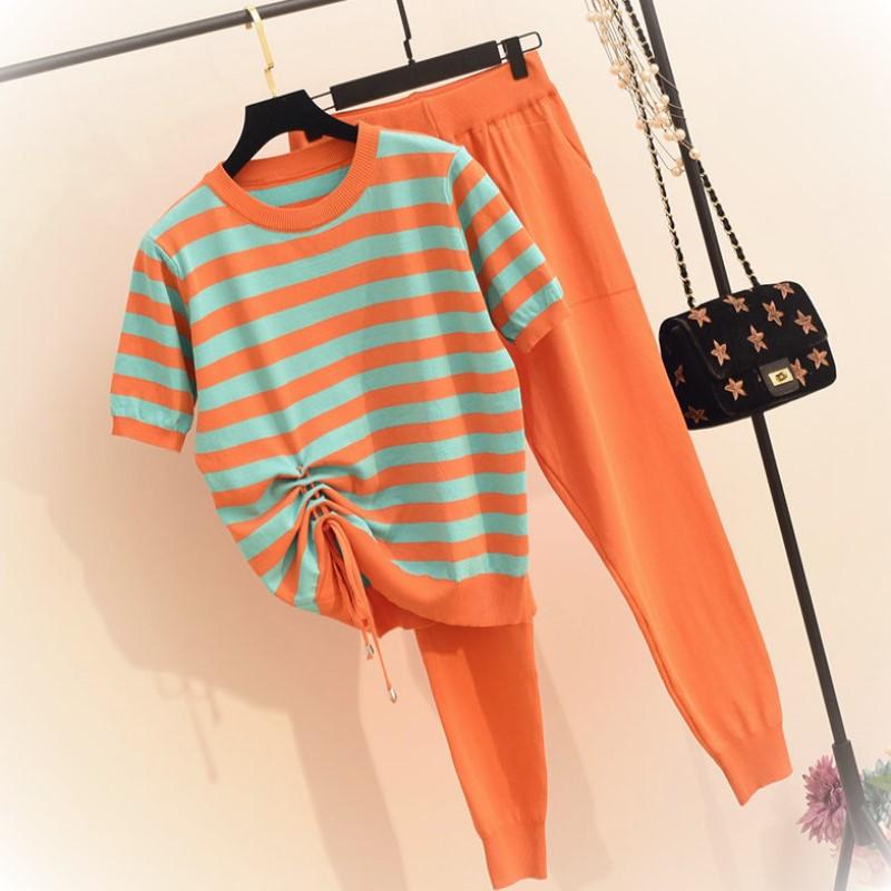 

Women's Two Piece Pants Summer Casual Knit Stripe Drawstring Pleated Lace-Up Short Sleeve O-Neck Top And Ankle Length Tracksuit Women 2 Sets, Black suit