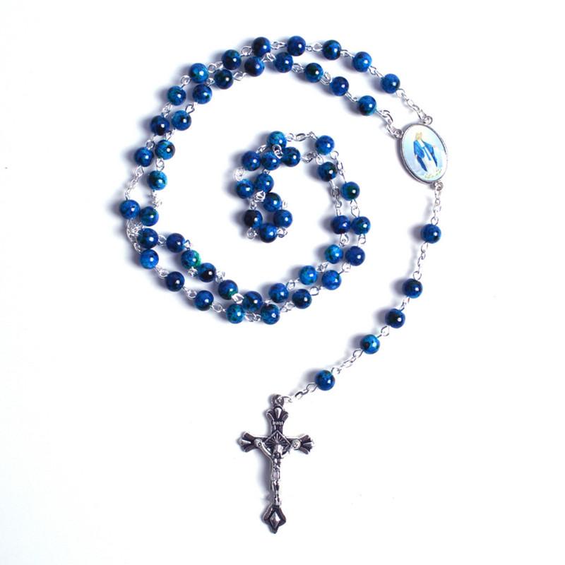

Fashion Unisex Women Gift6mm Christian Catholic Religious Jewelry Round Beads Blue Glass Virgin Mary Jesus Cross Rosary Necklace Pendant Nec