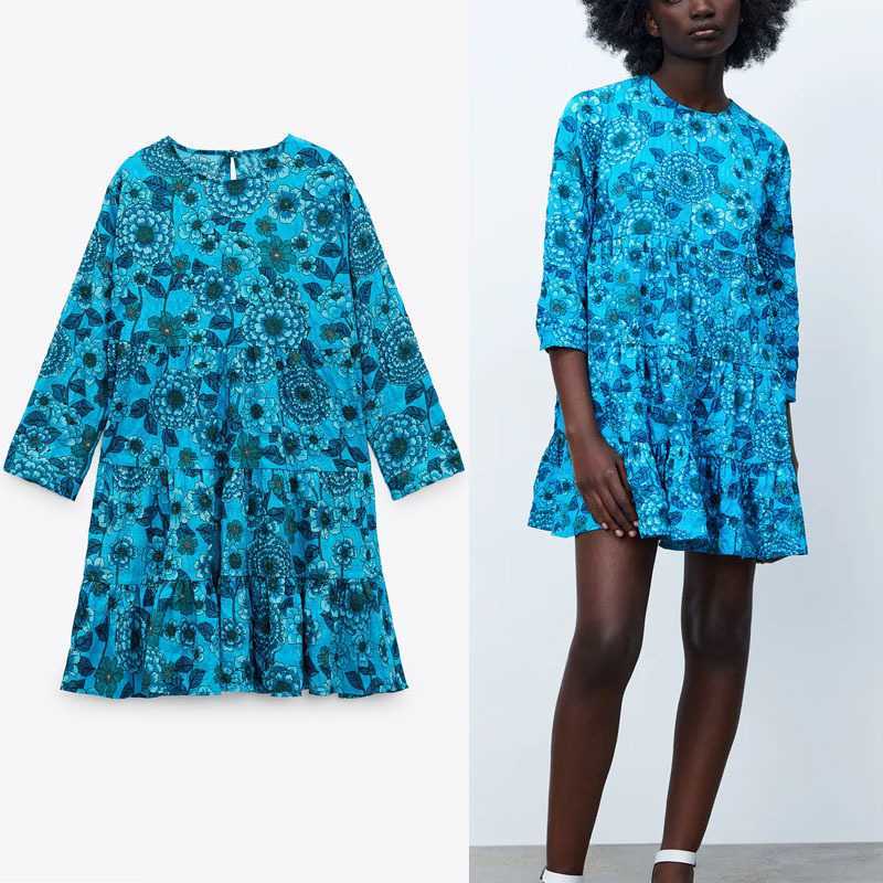 

Women Retro Floral Print Za Dresses Long Sleeve O Neck Pleated Summer Dress Back Opeing Flounce Hem Elegant Party Dress 210602, Blue