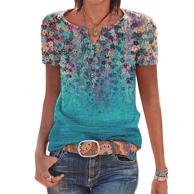 

Women Floral Print Short-Sleeved T-shirt Round Neck Summer Tees Casual Tshirt for Ladies Basic Top Loose Female Shirt D30 210708, Pattern 1
