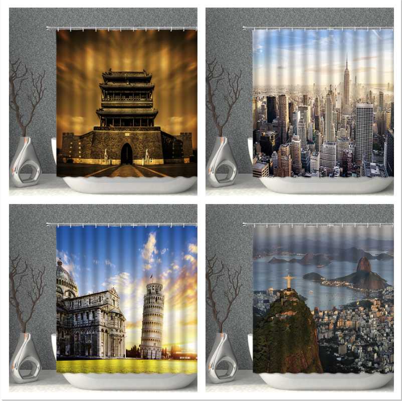 

Shower Curtains Architecture Curtain Set ChinaTian An Men USA Empire State Building Jesus Pisa Tower Cloth Bath Bathroom Screen