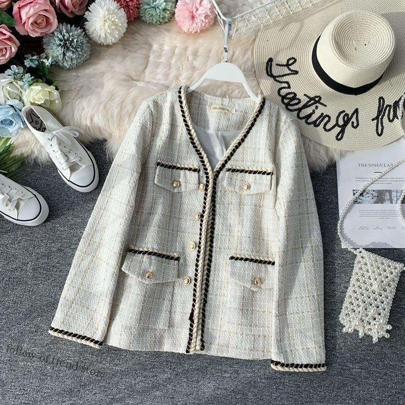 

Women' Jackets Retro Plaid Wool Brends Coat Office Princess Women Luxury Designer Brand V Neck Wide Waisted Tweed Jacket Korea White, Beige