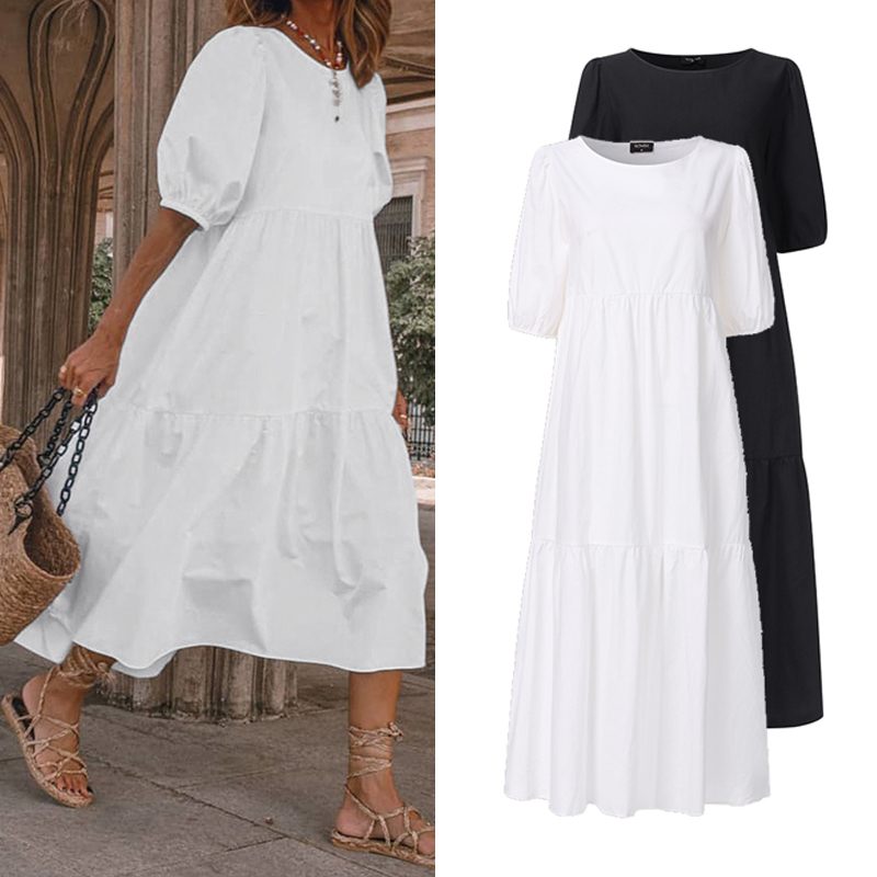 

2021vonda mid-calf dress lantern sleeve summer dresses 2021 women sundress casual vintage bohemian beach vestidos plus size, Black;gray