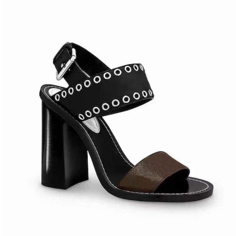 

Classic High heeled sandals party 100% leather women Dance shoe designer sexy letter heels 10cm rivet Lady Metal Belt buckle Thick Heel Woman shoes Large size 35-41-42, Extra box