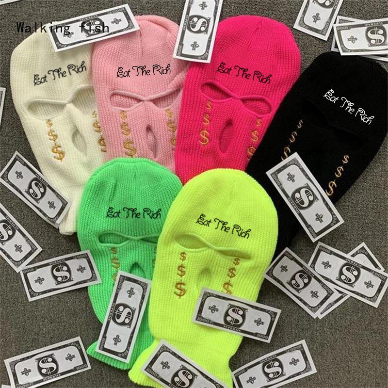 

Beanies Ski Mask Embroidery Letter Balaclava Full Face Cover 3 Holes Army Tactical Cs Winter Hat Windproof Knit Beanie Bonnet Unisex Cap