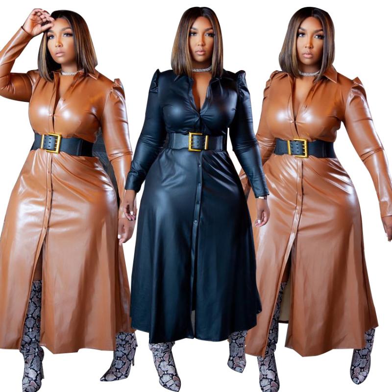 

Women's Leather & Faux Chiclover Long Sleeve Street Blazers Women Puff Lapel Buttons Coat With Sash Sexy Bodycon Jackets Wholesale, Black