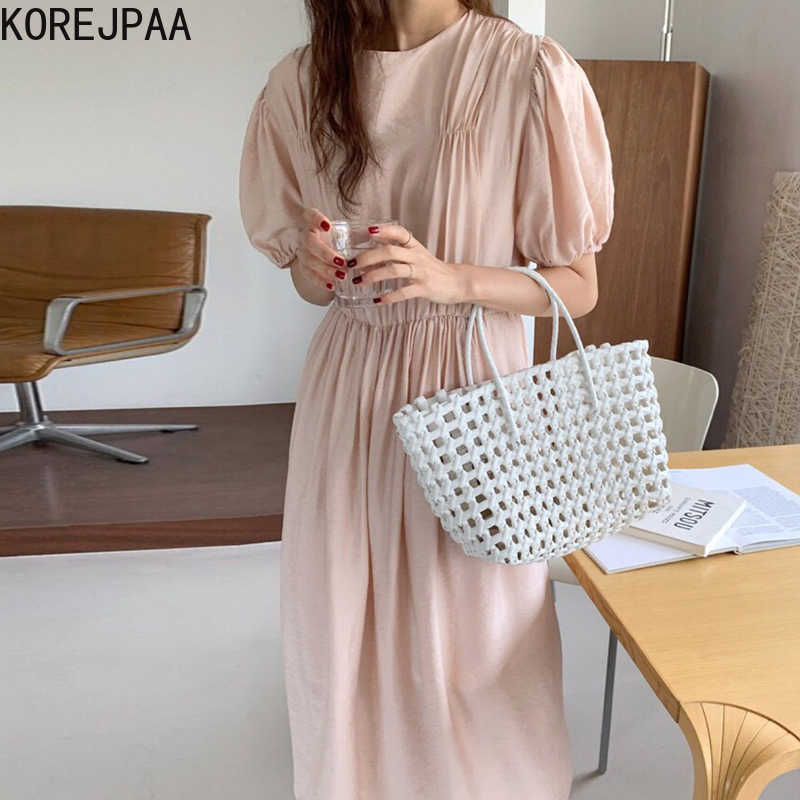 

Korejpaa Women Dress Summer Korean Chic Gentle Round Neck Pleated Design Sense Tie Waist Thin All-Match Puff Sleeve Vestido 210526, Light apricot