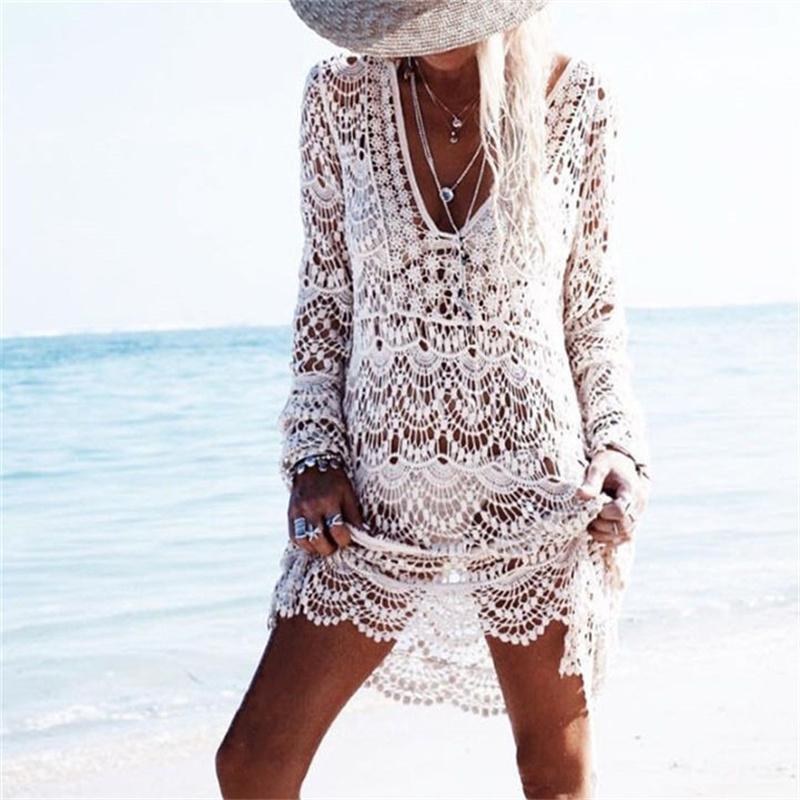 Crochet robe de plage d'été recouverte de chemise tricotée à glissière sexy maillot de bain sarongs de salon pour femmes