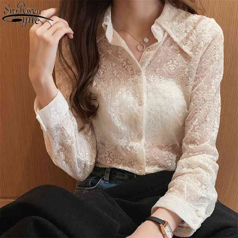 

Fashion Chic Floral Embroidery White Blouse Women Spring Lace Bottoming Shirt Long Sleeve Lapel Korean Hollow Top 13125 210518