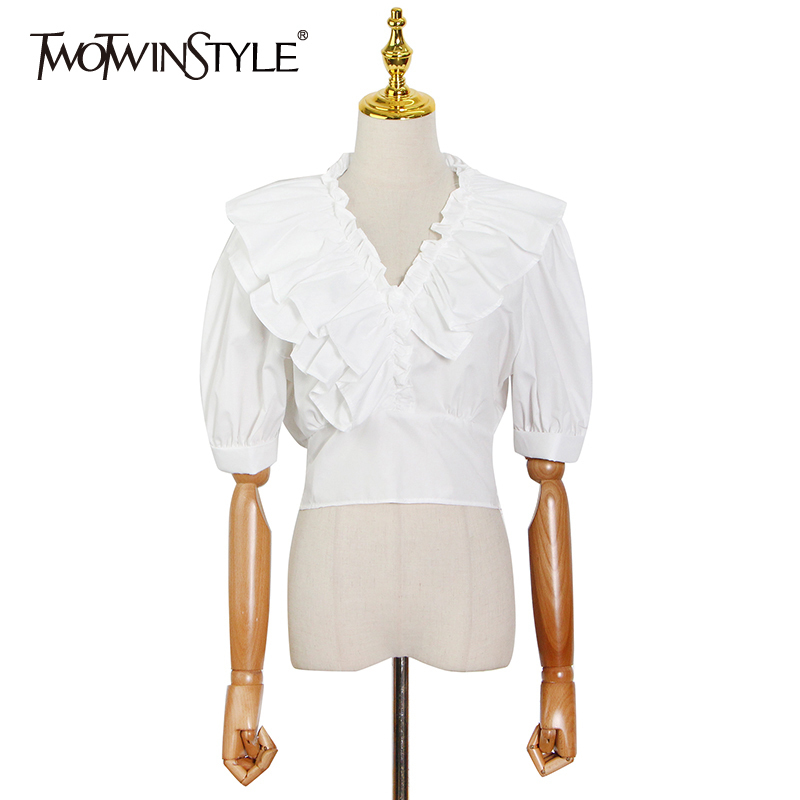 

Elegant Shirts For Women V Neck Puff Half Sleeve Patchwork Ruched Slim Pullovers Blouses Female Summer Clothes 210524, White
