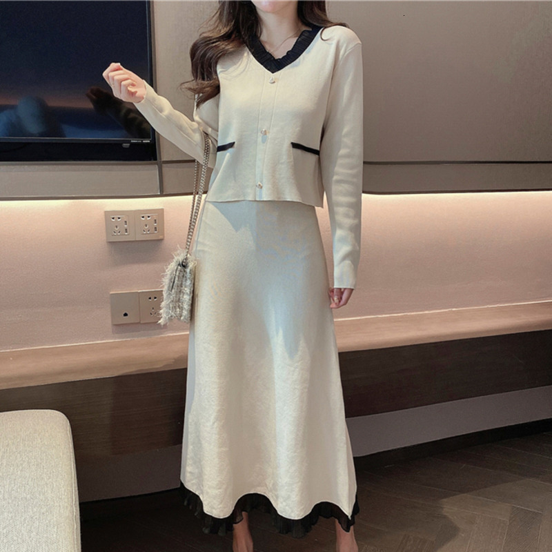 

skirt Autumn Winter Korean Casual Knitted 2 Women Turtleneck Sweater Pullover Top + Long Suits Female Two Piece Set 7DIM, Black