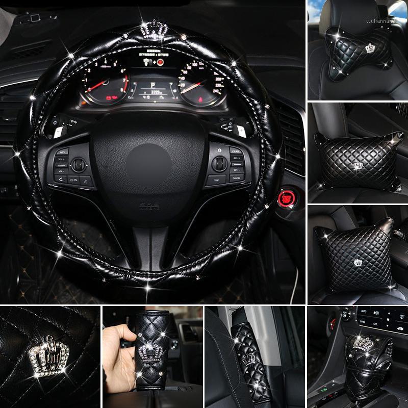 

Steering Wheel Covers Crystal Crown Leather Car Seat Interior Accessories Headrest Neck Handbrake Gear Shift Cover Women