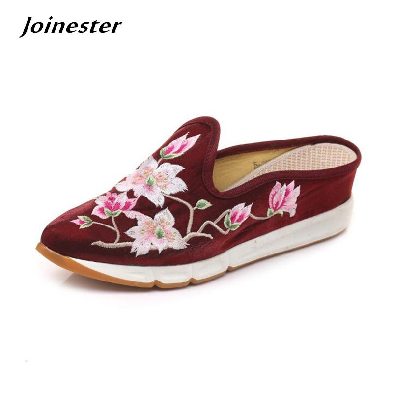 

Summer Ladies Canvas Embroidered Pointed Toe Ethnic Slippers Women Wedge Slides Low Heel Outdoor Shoes Girls Backless Sandals, Black