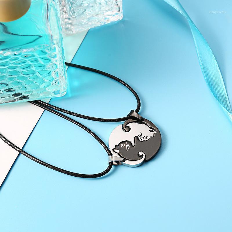 

Pendant Necklaces Stainless Steel Simple Animal Cat Black White Kitten Hug Round Couple Stitching Statement Necklace Pendants, Silver