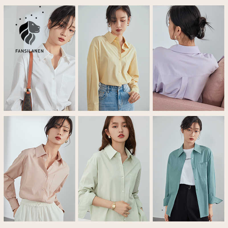 

FANSILANEN Multicolor office lady casual blouse shirt Women solid long sleeve button up Spring female elegant white top 210607, Light green