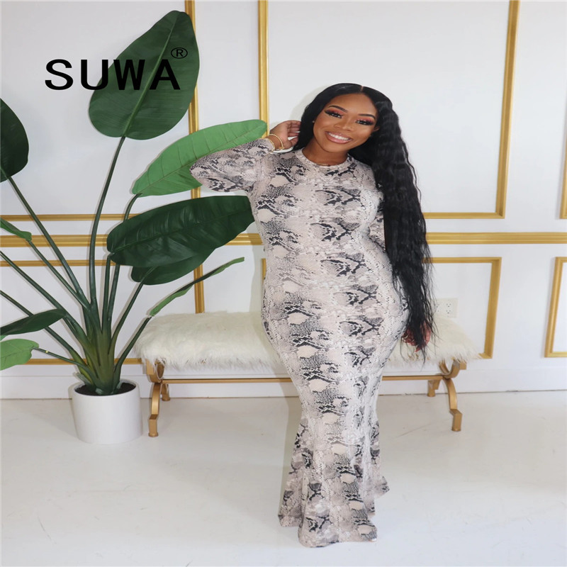 

Snake Skin Printed Sheath Ankle-Length Dresses Women Elegant Sexy Long Sleeve Bodycon Club Party Gowns Female 210525, Multi