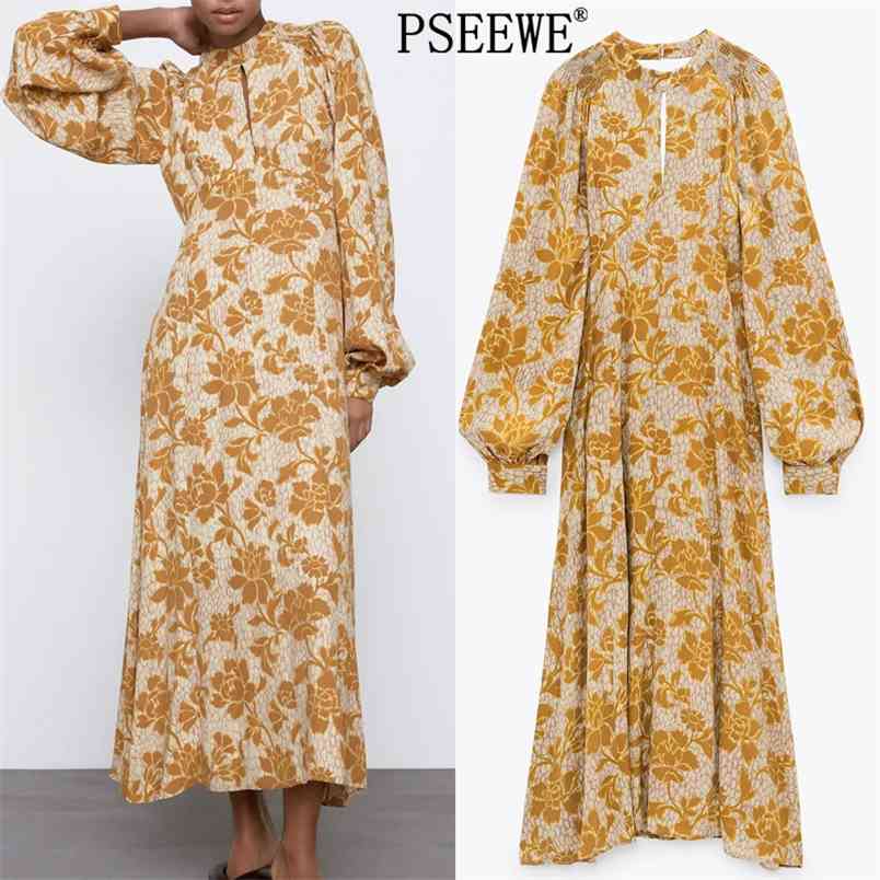 

Yellow Floral Print Midi Dress Women Spring Backless Sexy Party Dresses Ladies Vintage Puff Long Sleeve 210519