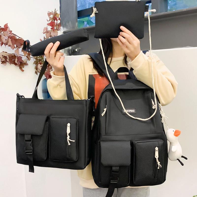 

School Bags 4 Pcs Set Canvas Women Backpack Kawaii For Teenager Girls Cute Bookbags Large Capacity Ladies Scoolbag 2022, Black