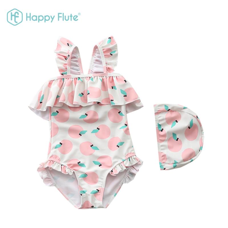 

One-Pieces Happyflute Lace Style Peach Print Swimsuit With Hat Baby Girl's INS Polyester Princess Swim Dress, Hf025-b