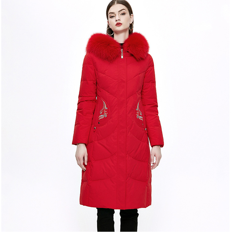 

Women's Runway Down Coat 100% Real Fox Fur Collar Hooded Fashion Casual Warm Thick Parkas Overcoat Winter Outerwear, Red