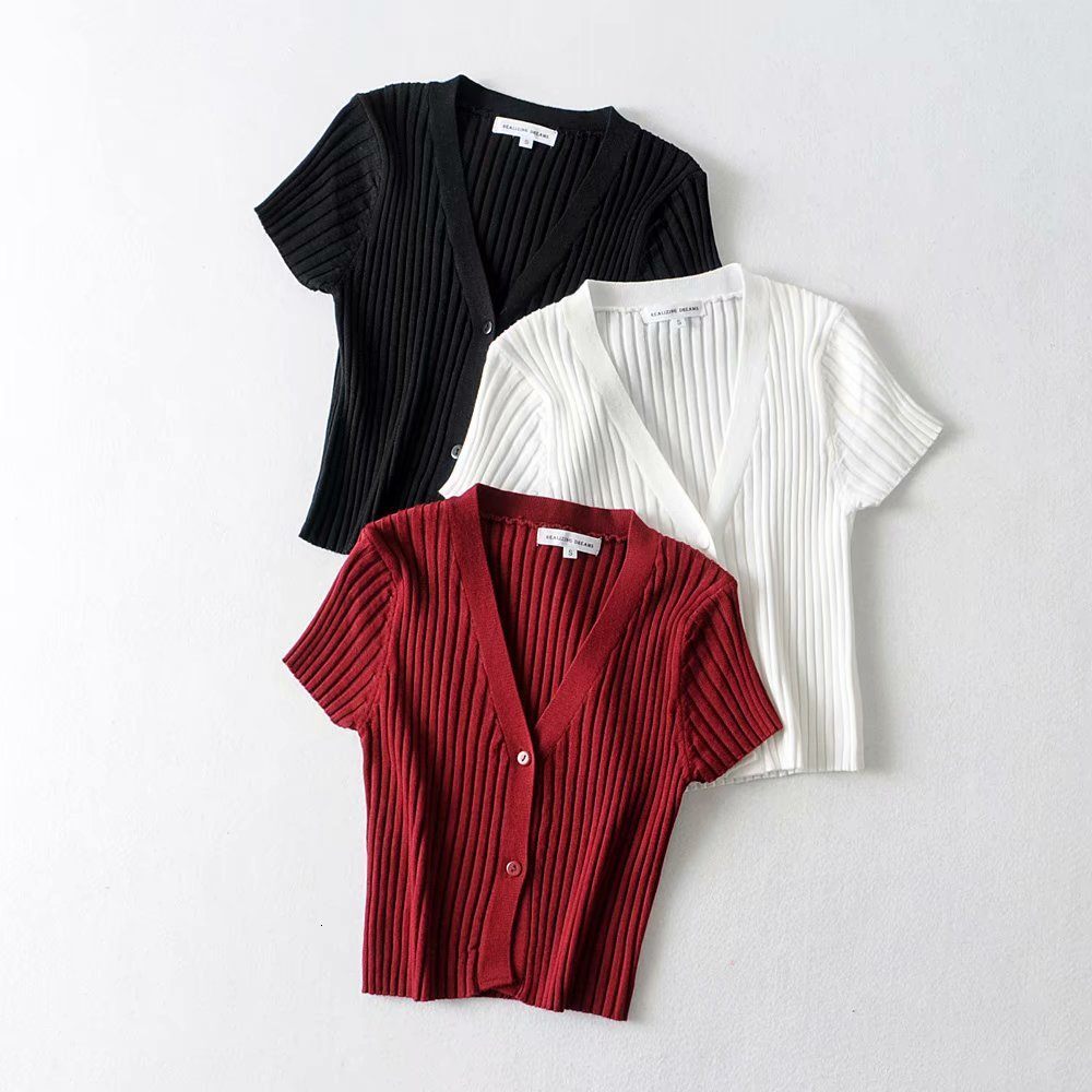 

t shirt 2021 summer fashion v-neck short sleeve single breasted solid color slim bo main knitted cardigan, White