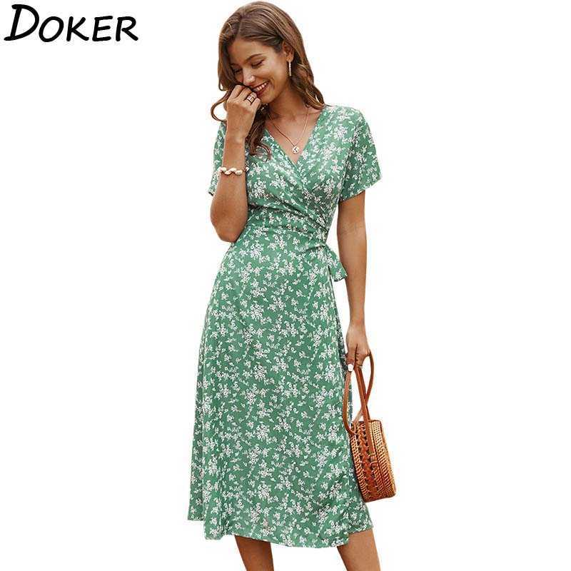 

Floral Print V Neck Short Sleeve Bandage Dres Temperament Elegant Prom Casual Loose Beach Holiday Long 210604, Green