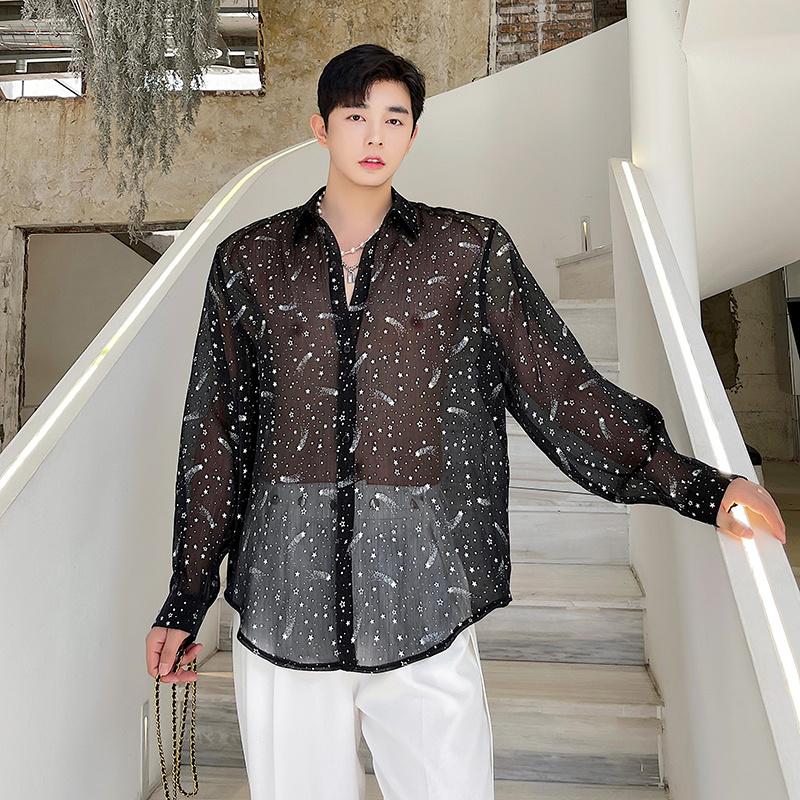 

Men's Casual Shirts Thin Transparent Shirt Fashion Black White Men Korean Loose Oversize Long-sleeved Mens Dress