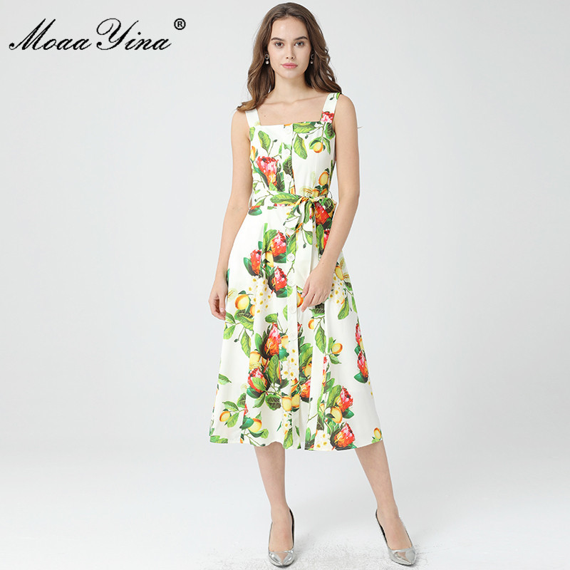

Designer Runway dress Summer Women Lemon Print Spaghetti strap Single-breasted lace-up Bohemia Holiday Dress 210524, White